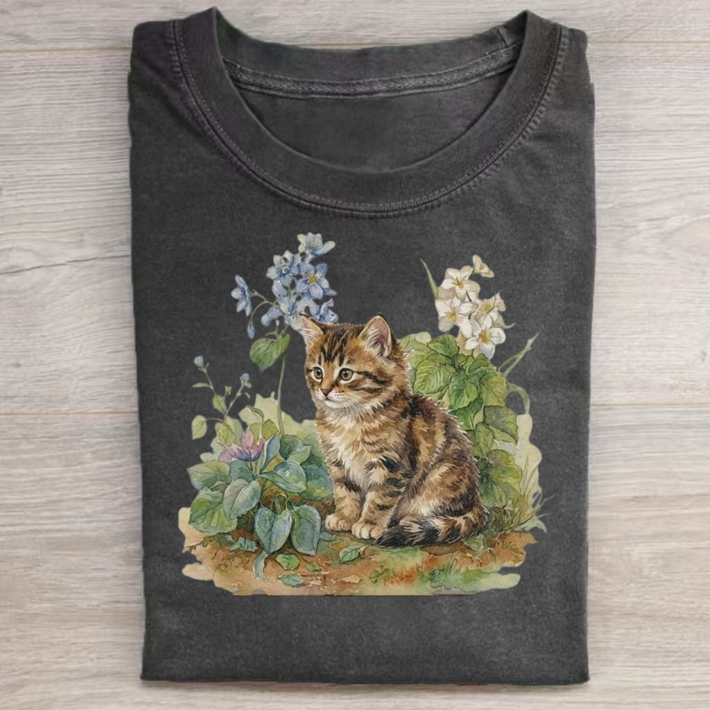 Watercolor Floral Tabby Kitten Casual T-shirt