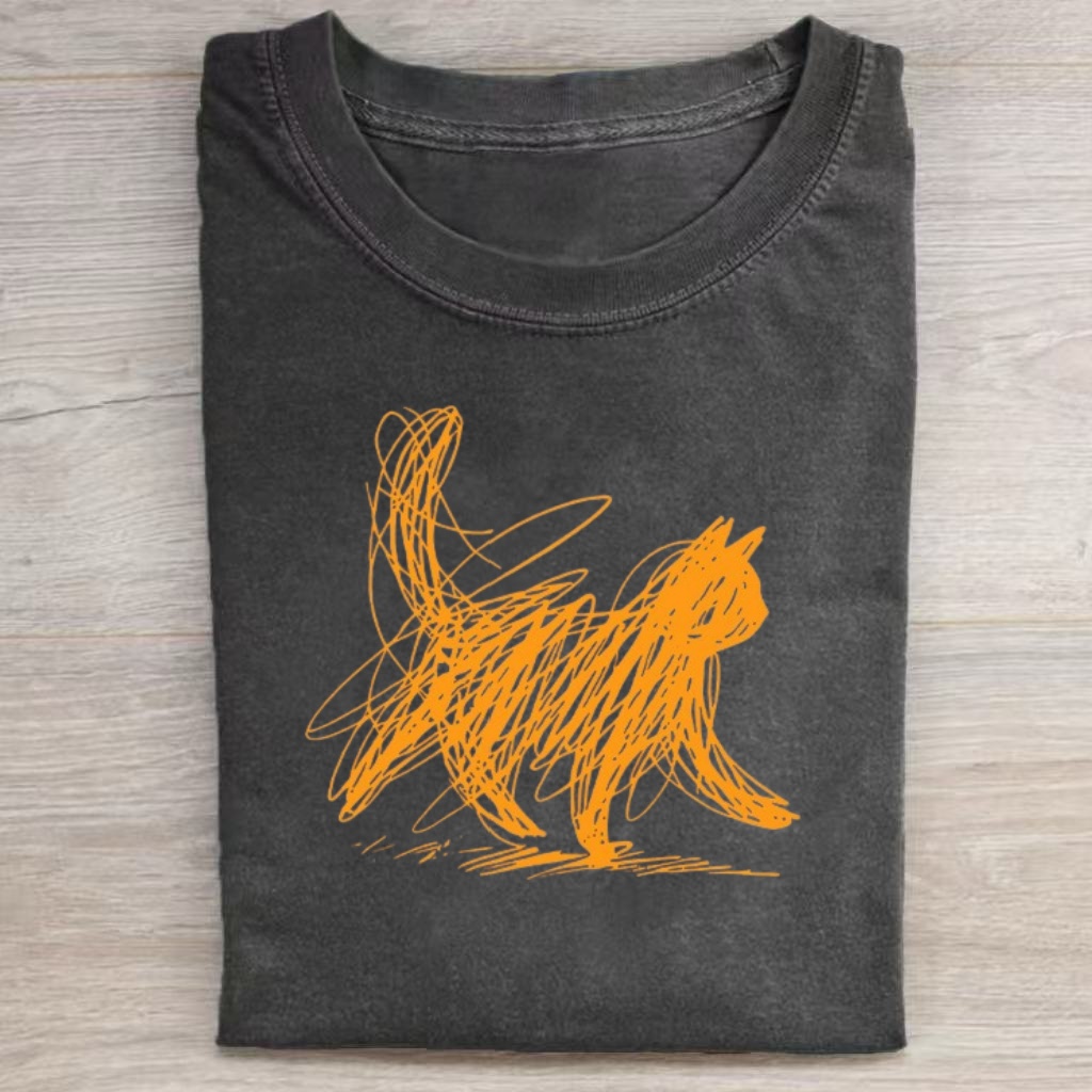 Abstract Scribble Cat Orange Art T-shirt - Vintage Washed Apparel by VanceMade