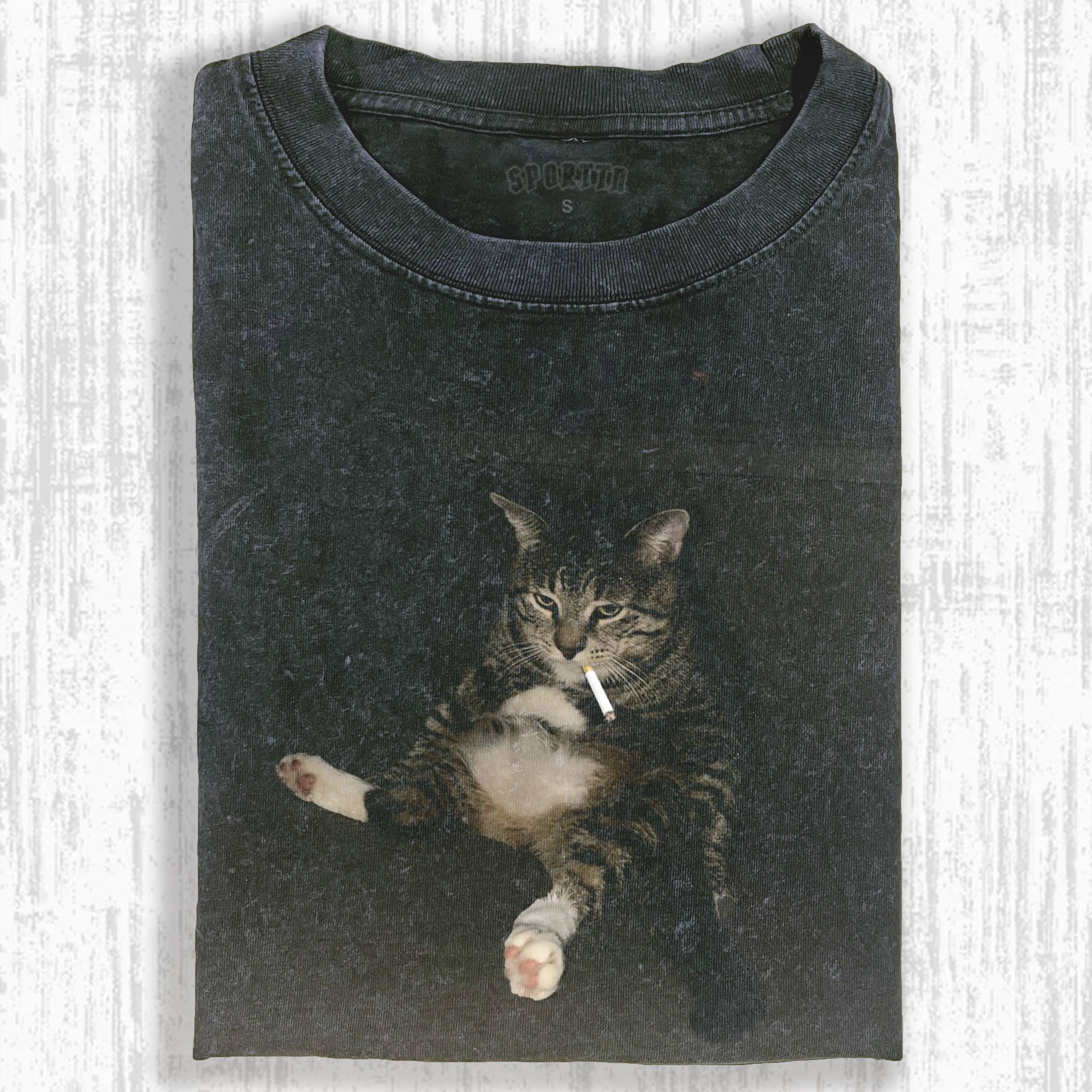 Wacky Lazy Cat with Cigarette T-shirt - Vintage Washed Apparel by VanceMade