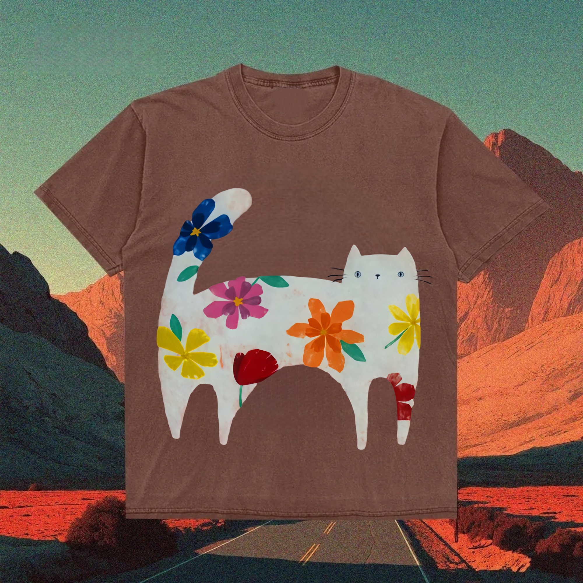 Floral Cat T-shirt - Vintage Washed Apparel by VanceMade