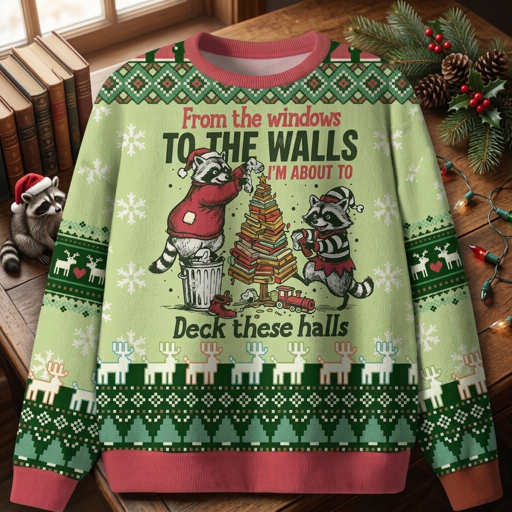 Raccoon Decorate Tree Light Green Christmas Ugly Sweater