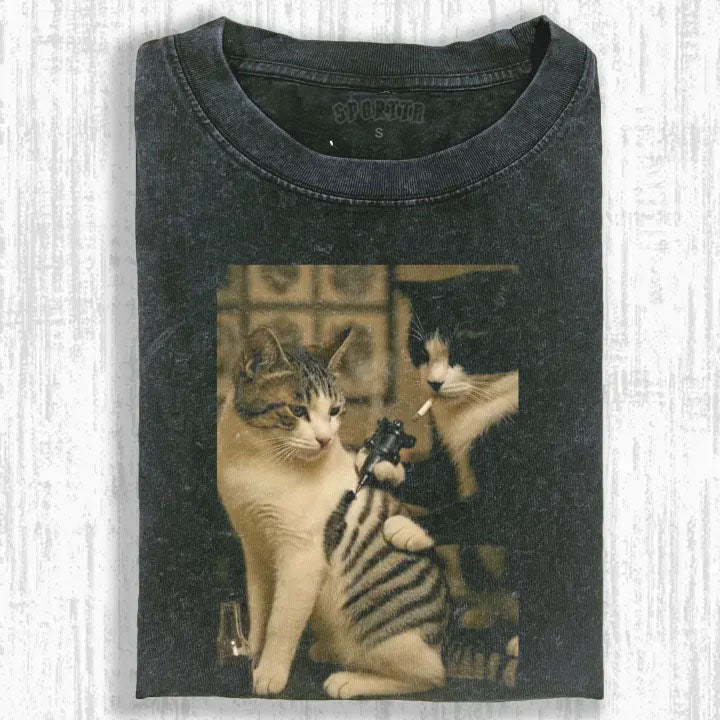 Wacky Cat Getting Tattooed T-shirt - Vintage Washed Apparel by VanceMade