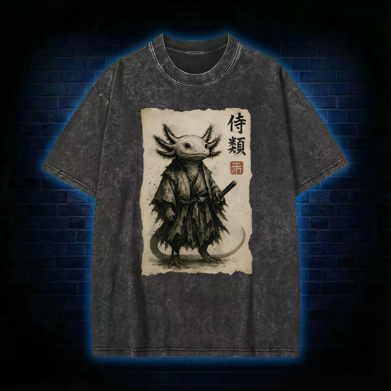 Samurai Axolotl Japanese Art Washed T-shirt - Vintage Washed Apparel by VanceMade