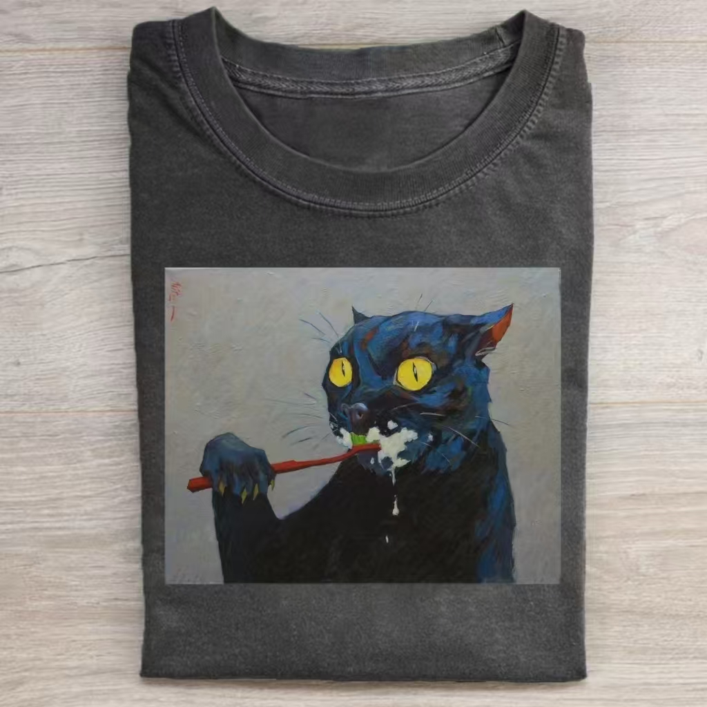 Black Cat Brushing Teeth T-shirt - Vintage Washed Apparel by VanceMade