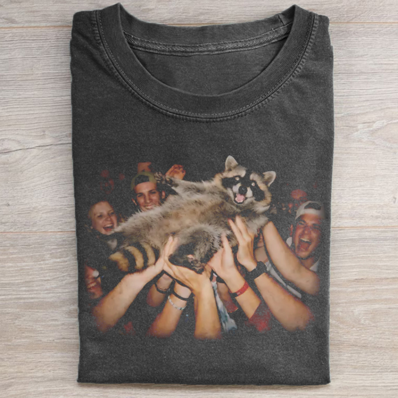 Raccoon Crowd Surfing Rock Concert T-shirt - Vintage Washed Apparel by VanceMade