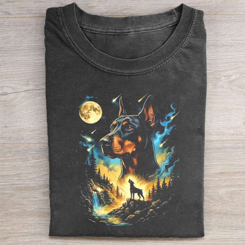 Dobermann Howling Moon T-shirt - Vintage Washed Apparel by VanceMade