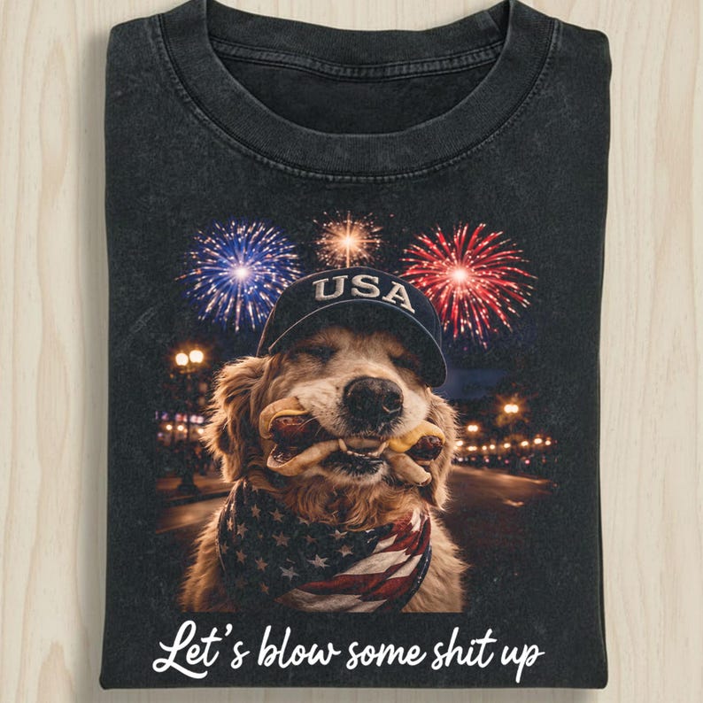 Vintage Patriotic Dog Fireworks Graphic T-shirt