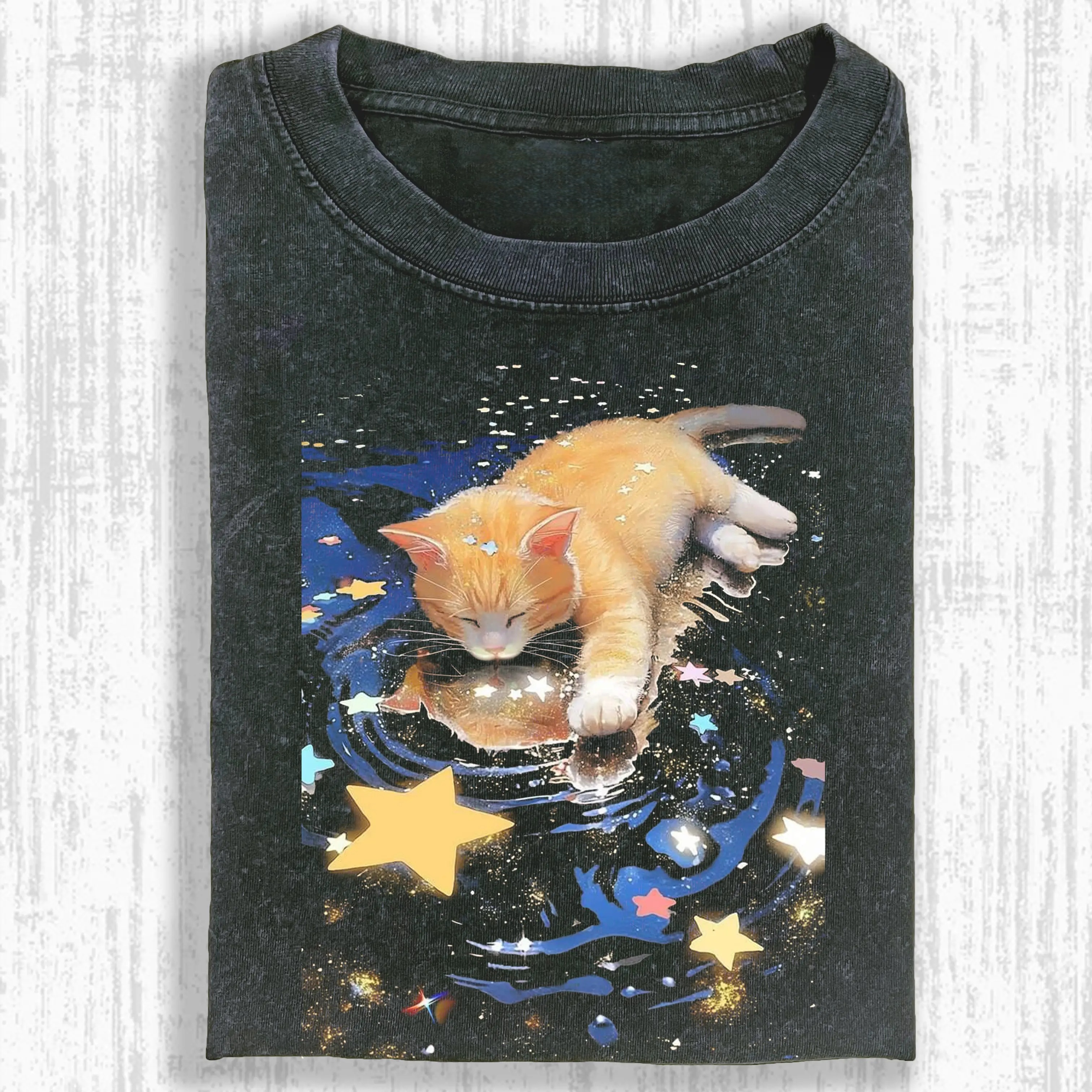 Cosmic Star Water Ripple Sleepy Kitten T-shirt