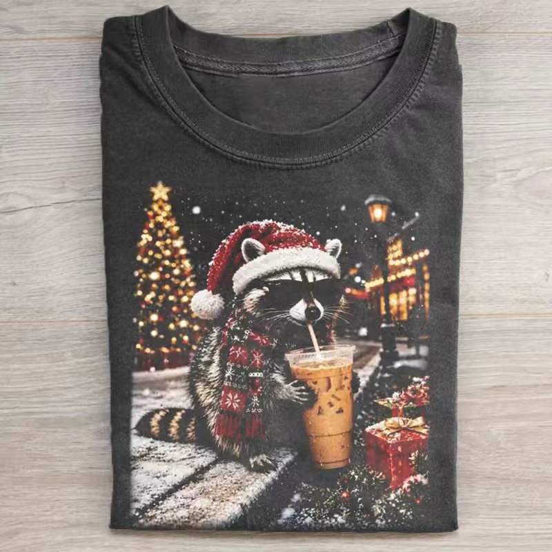 Christmas Raccoon Drinking Iced Coffee T-shirt