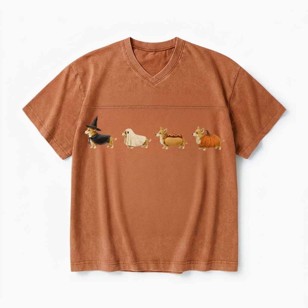 Corgi Halloween Washed V-Neck T-Shirt