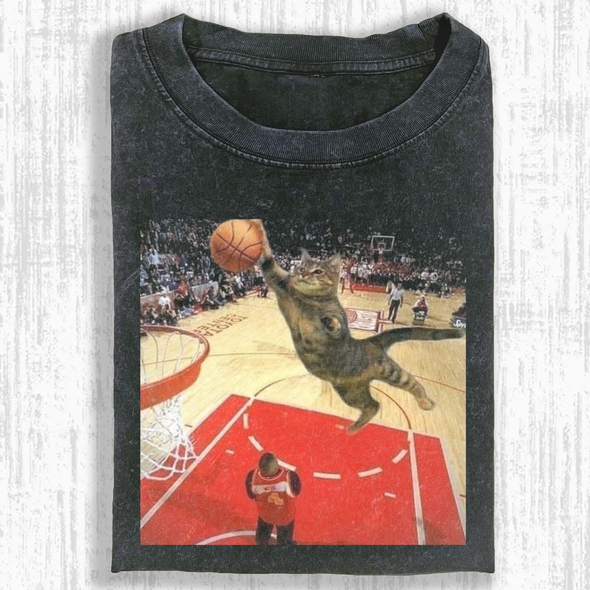 Wacky Basketball-Playing Cat T-shirt - Vintage Washed Apparel by VanceMade