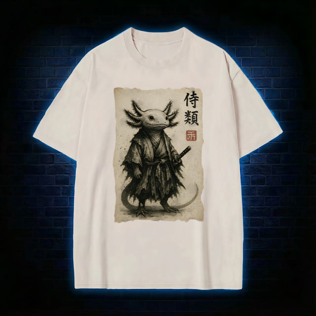 Samurai Axolotl Japanese Art Washed T-shirt - Vintage Washed Apparel by VanceMade
