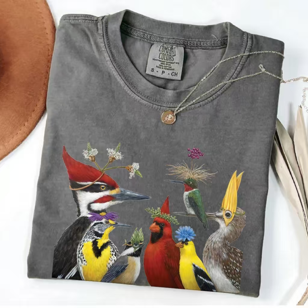 Colorful Birds Floral Crown Nature T-shirt - Vintage Washed Apparel by VanceMade