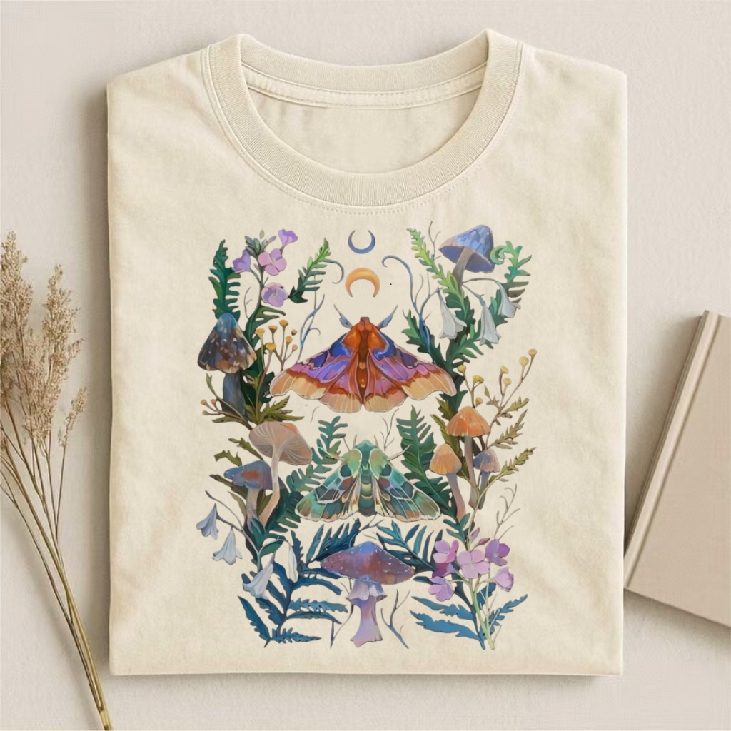 Moth & Mushroom Forest Witchy Art T-shirt - Vintage Washed Apparel by VanceMade