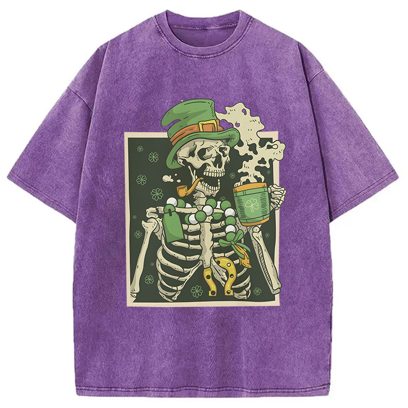 St. Patrick's Skeleton Drinking Coffee Washed T-Shirt - Vintage Washed Apparel by VanceMade