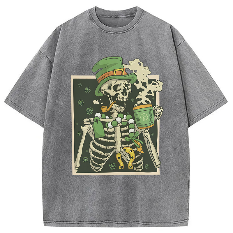 St. Patrick's Skeleton Drinking Coffee Washed T-Shirt - Vintage Washed Apparel by VanceMade