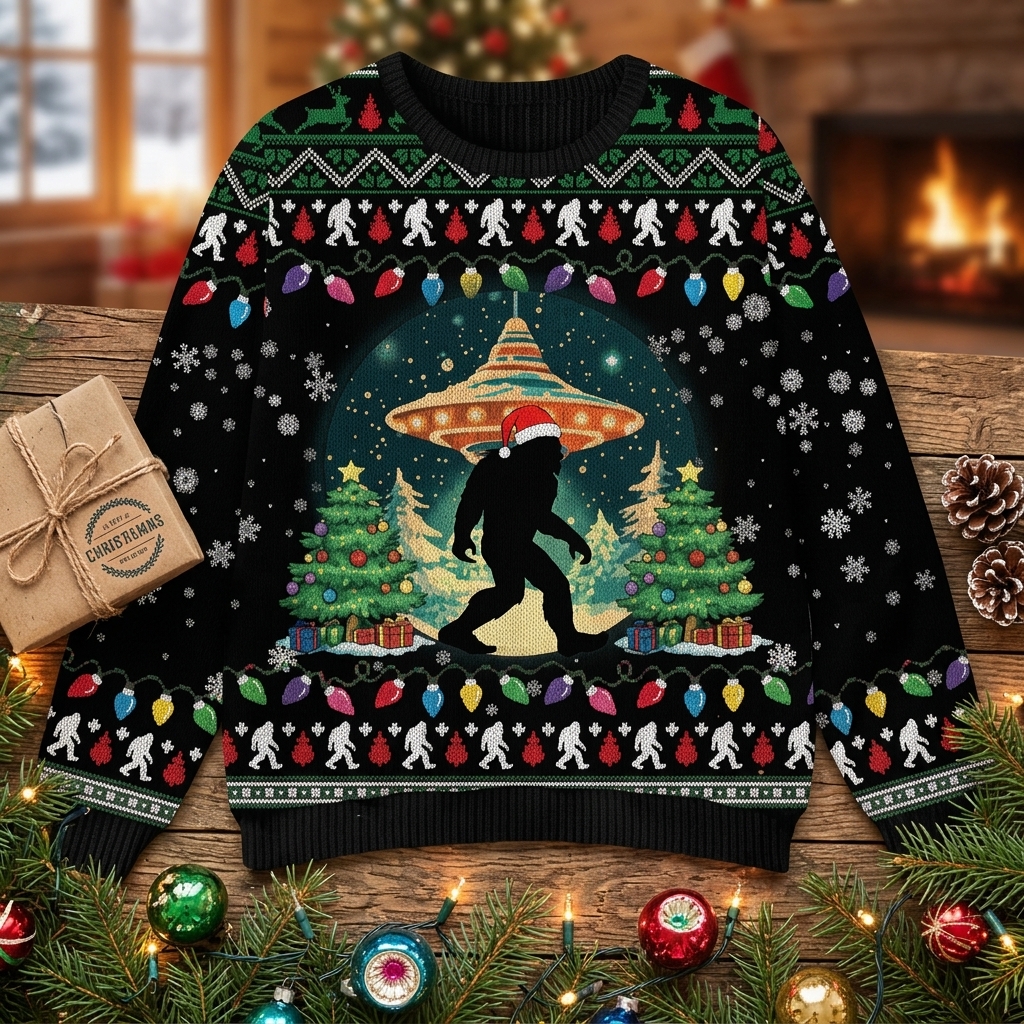Bigfoot UFO Christmas Black Ugly Sweater