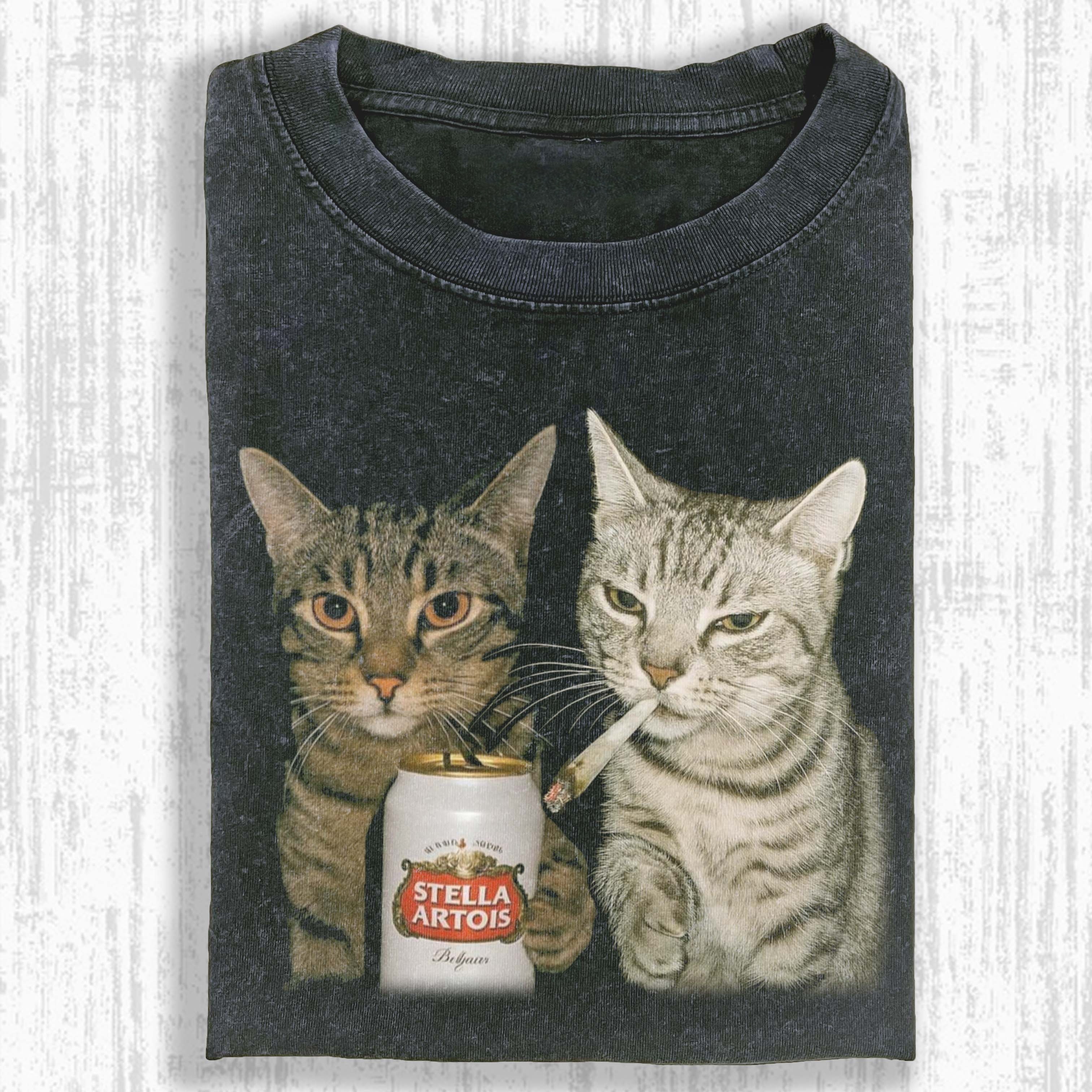 Cats with Stella Artois Beer Graphic T-shirt-Vance