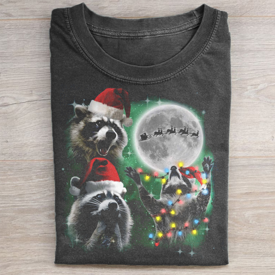 Three Raccoons With The Moon Christmas T-shirt - Vintage Washed Apparel by VanceMade