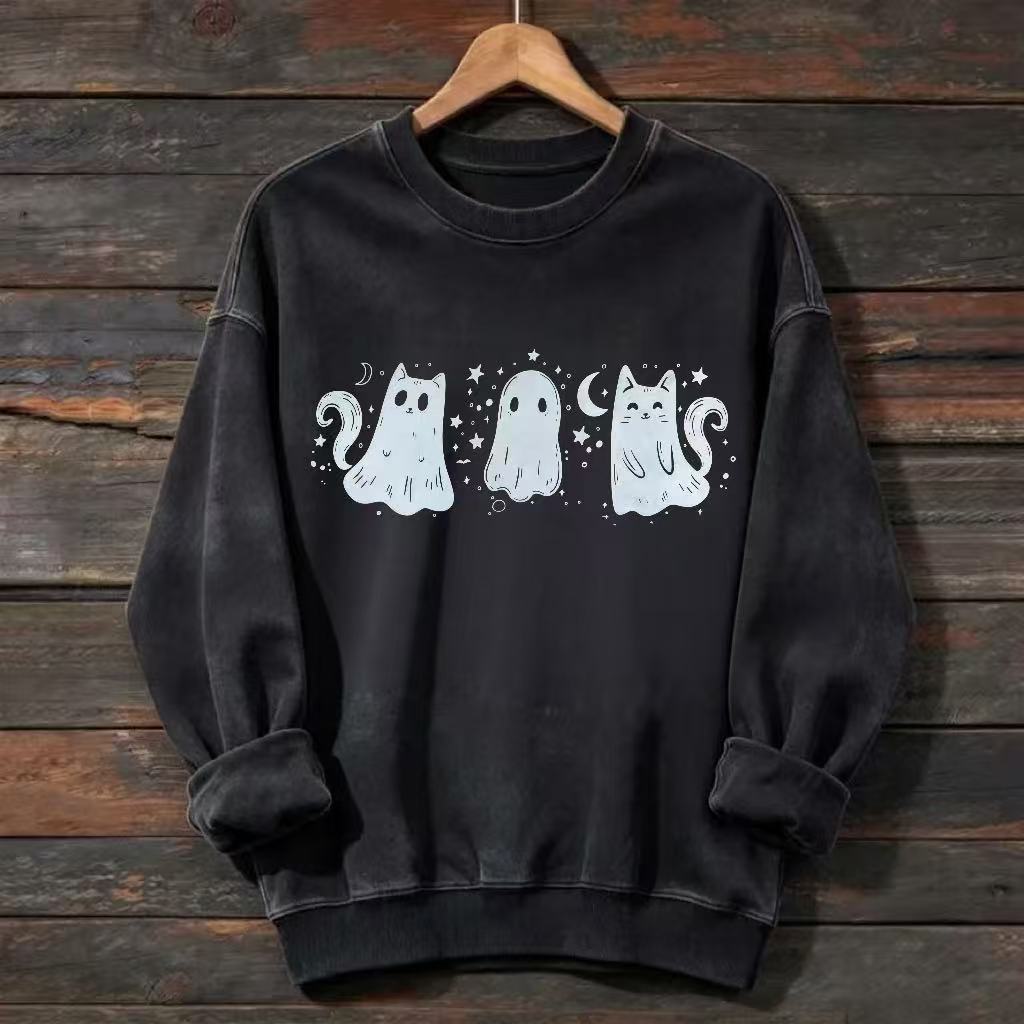 Ghost Cat Moon Star Cute Halloween Sweatshirt