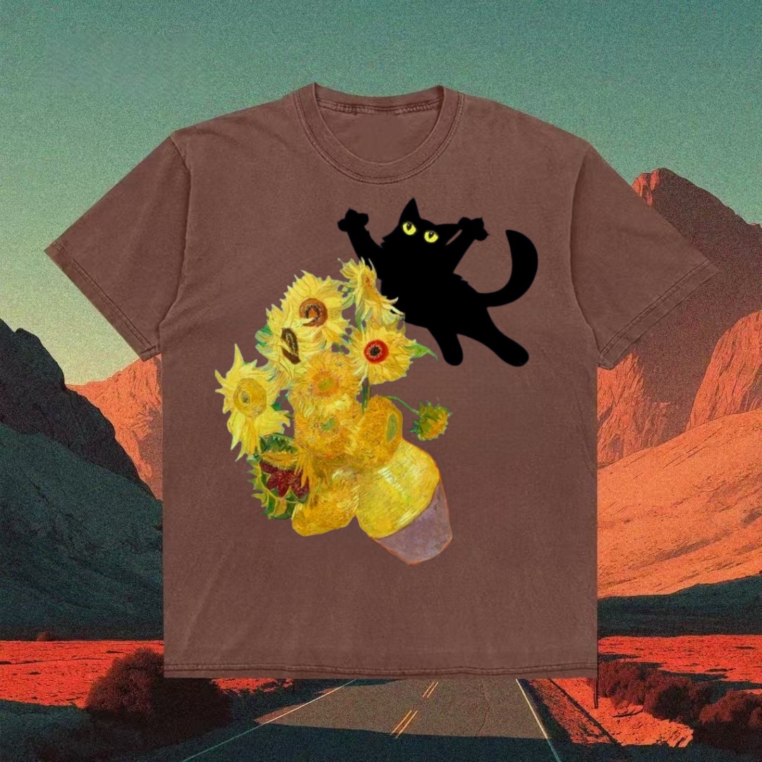 Van Gogh Sunflowers & Black Cat Parody T-shirt - Vintage Washed Apparel by VanceMade
