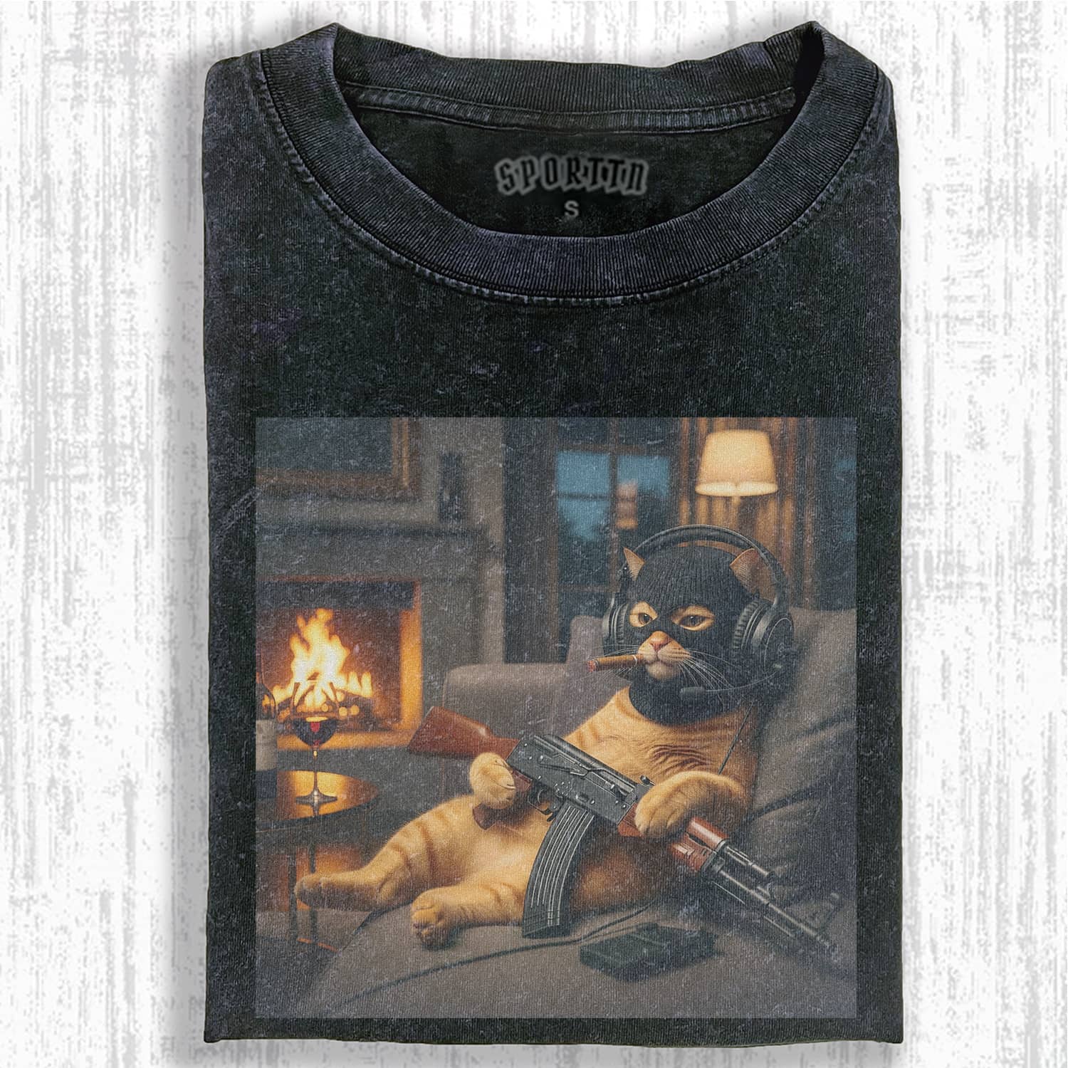 Wacky Tough Cat Lounging with Gun T-shirt - Vintage Washed Apparel by VanceMade