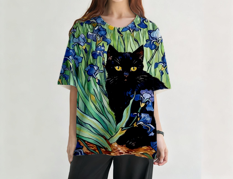 Irises Black Cat Graphic Print T-Shirt - Vintage Washed Apparel by VanceMade