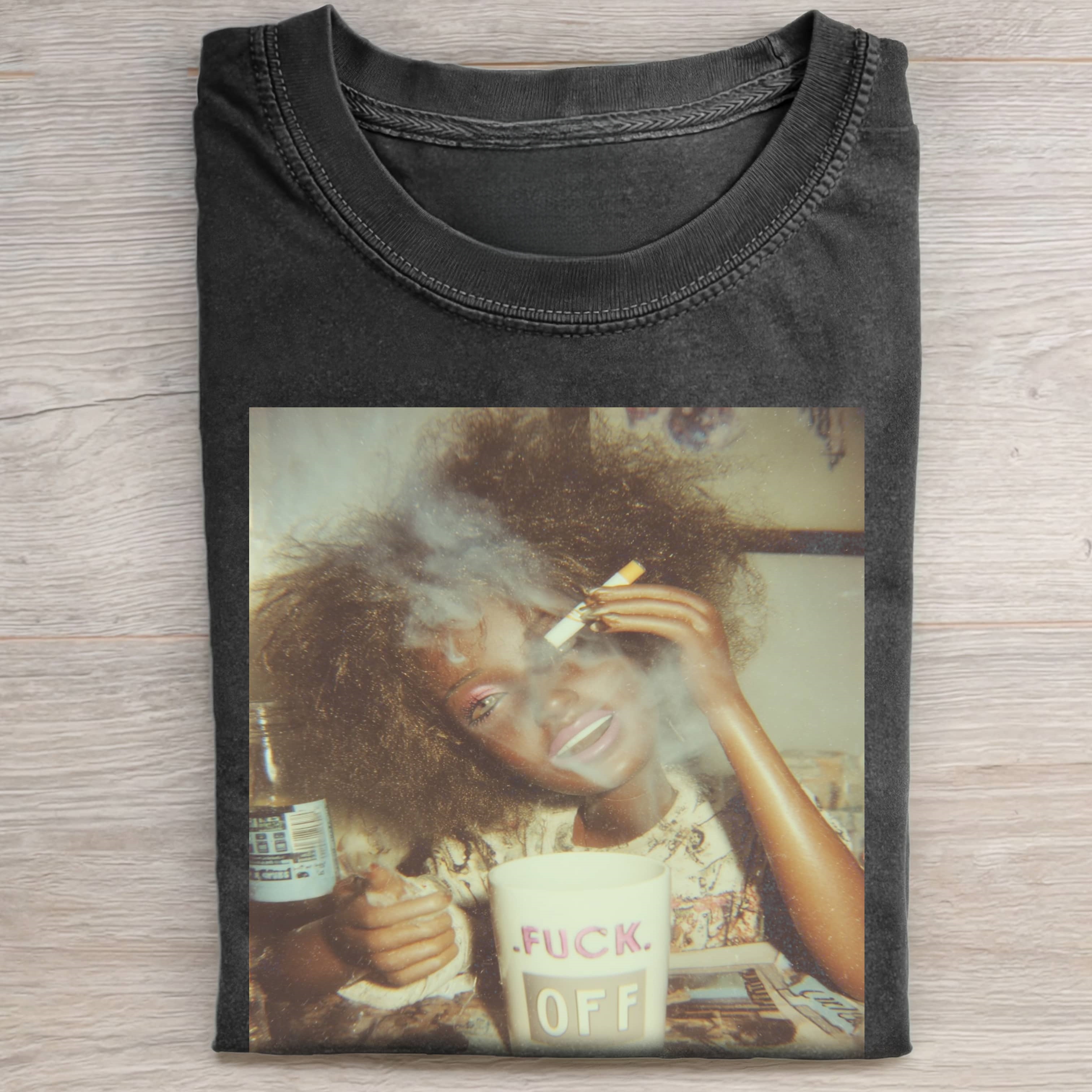 BLACK Funny Doll Face GIRL WITH SMOKING T-SHIRT