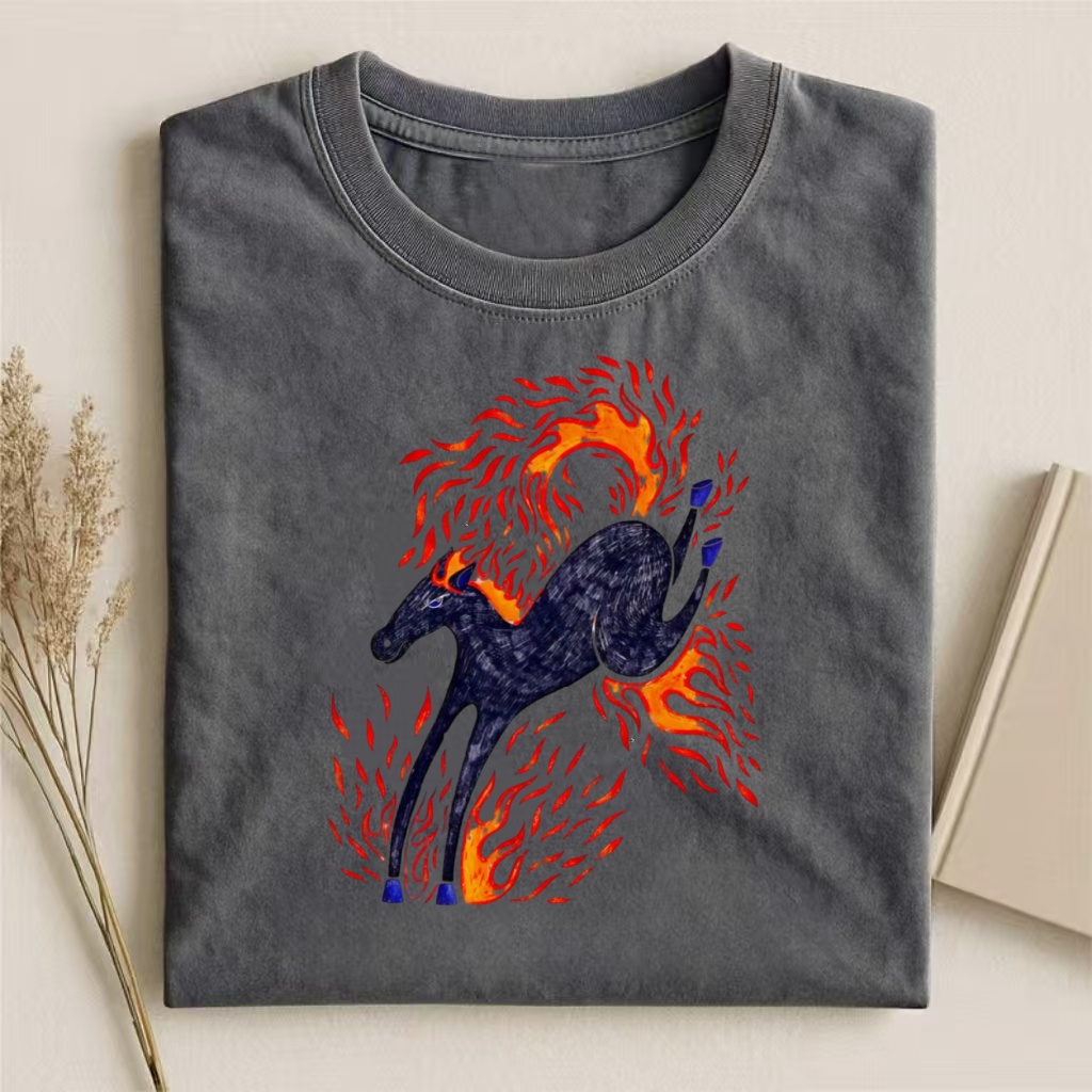Flaming Black Horse Psychedelic Art T-shirt - Vintage Washed Apparel by VanceMade