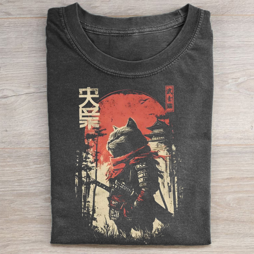 ShawnCraft® Official: Vintage Samurai Cat T-shirt - Premium Breathable Cotton Apparel