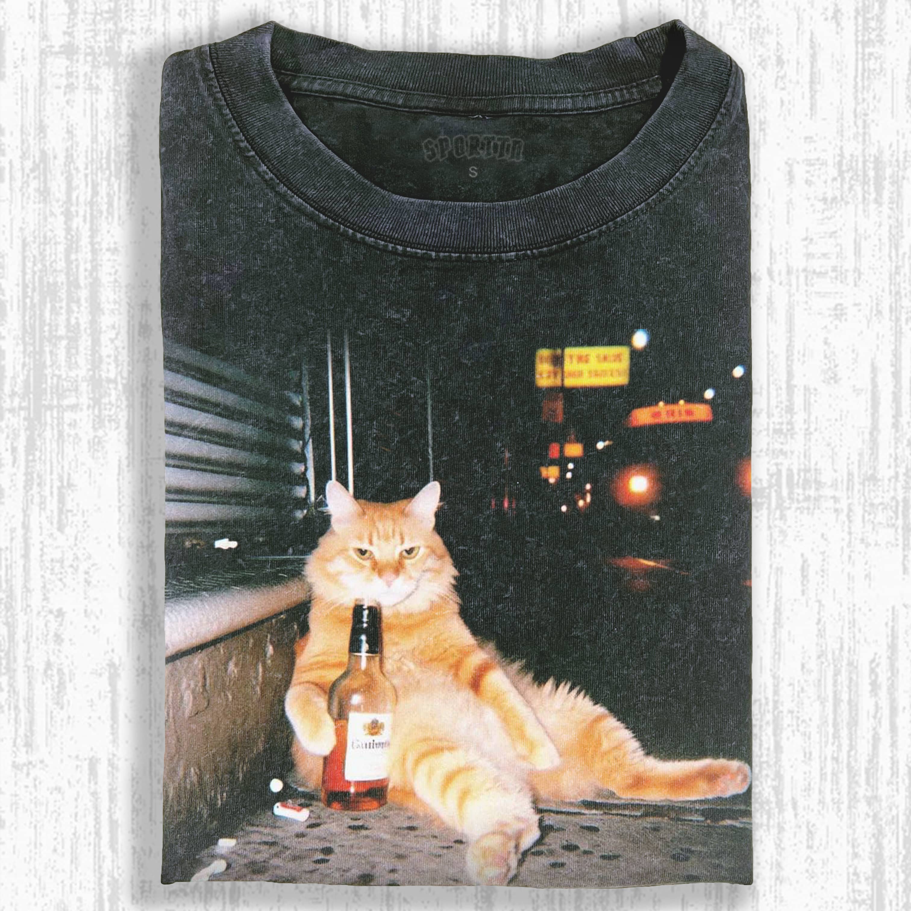 Wacky Drunk Cat with Bottles T-shirt - Vintage Washed Apparel by VanceMade