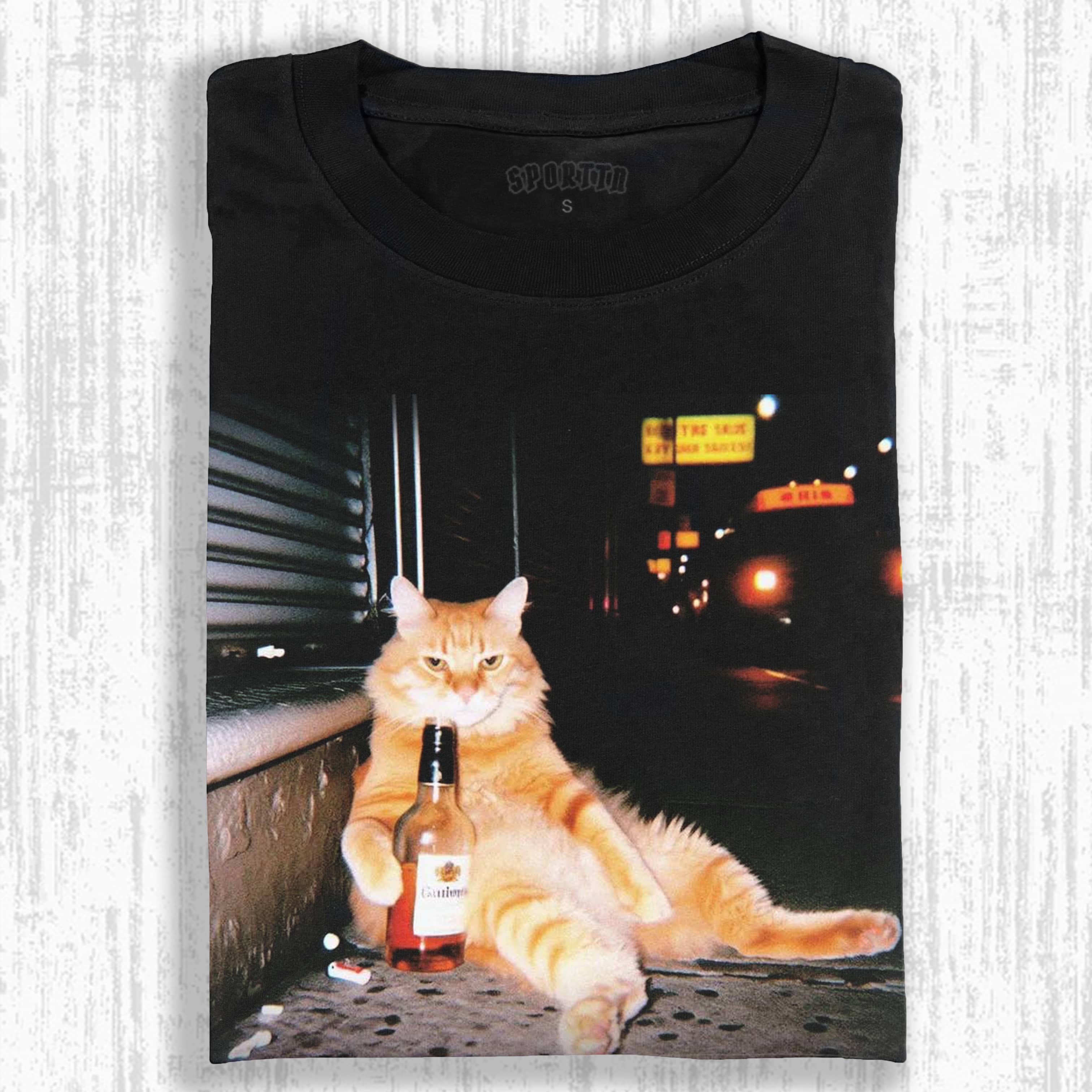 Wacky Drunk Cat with Bottles T-shirt - Vintage Washed Apparel by VanceMade