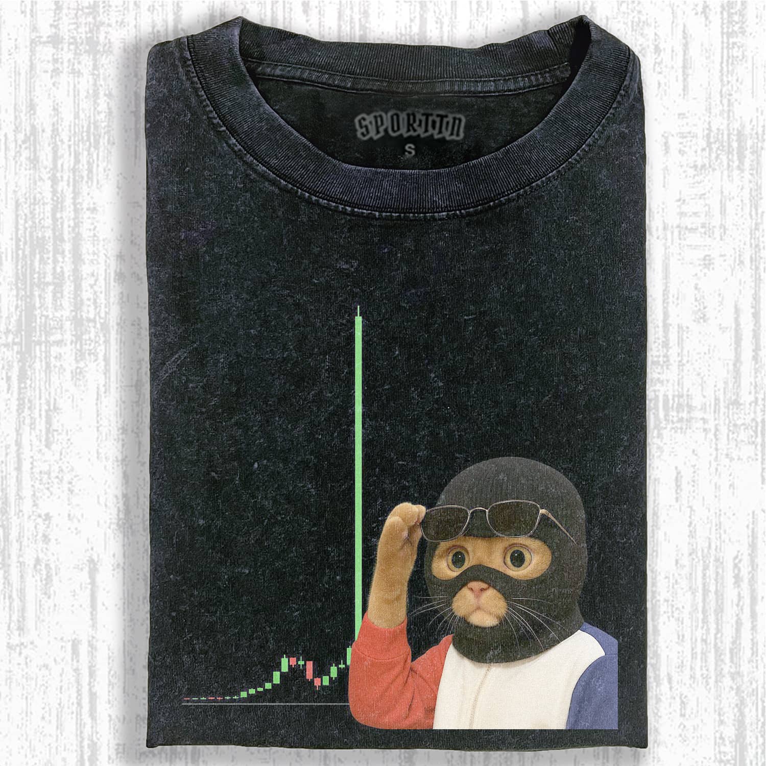 Wacky Stock Market Cat with Balaclava T-shirt - Vintage Washed Apparel by VanceMade