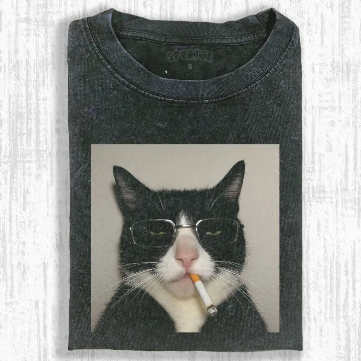 Wacky Cat with Glasses & Cigarette T-shirt - Vintage Washed Apparel by VanceMade