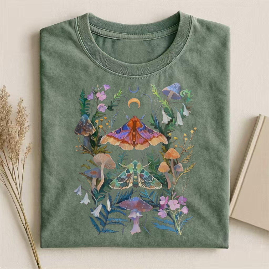 Moth & Mushroom Forest Witchy Art T-shirt - Vintage Washed Apparel by VanceMade