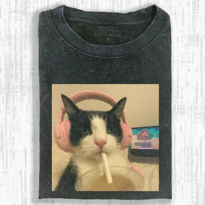 Wacky Cat with Pink Headphones & Straw T-shirt - Vintage Washed Apparel by VanceMade