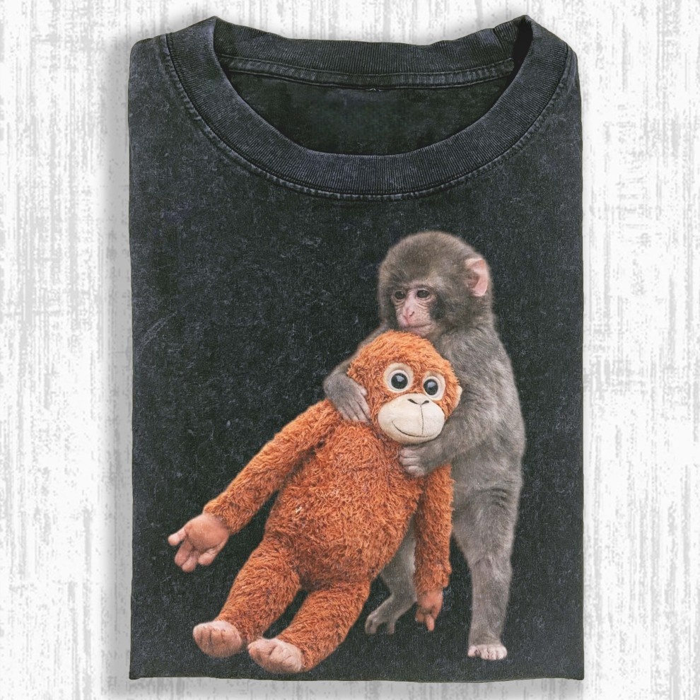 Monkey Hugging Plush Orangutan Graphic T-shirt - Vintage Washed Apparel by VanceMade