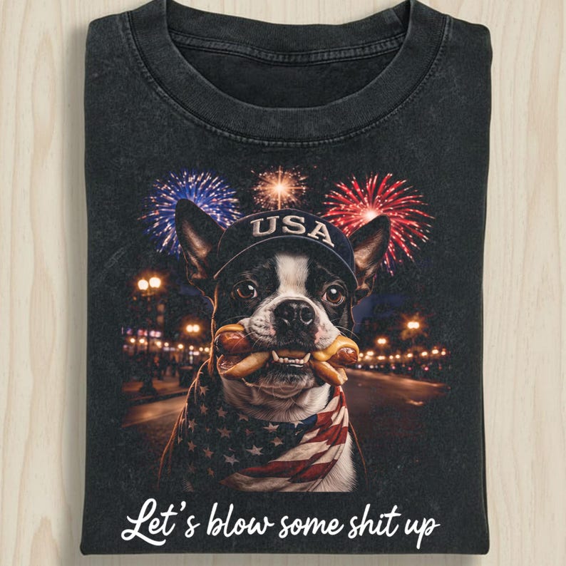 Vintage Patriotic Dog Fireworks Graphic T-shirt