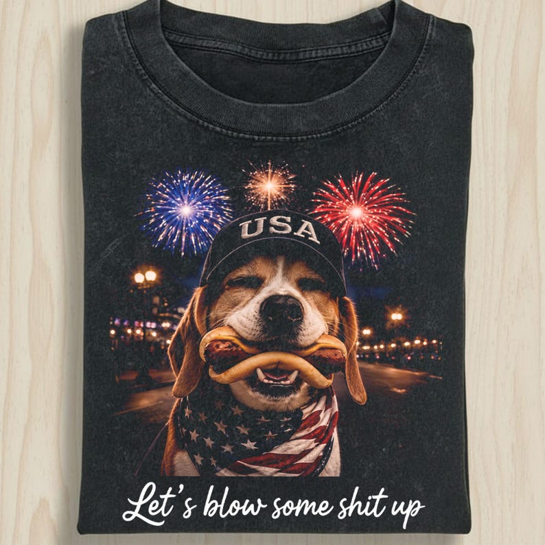 Vintage Patriotic Dog Fireworks Graphic T-shirt