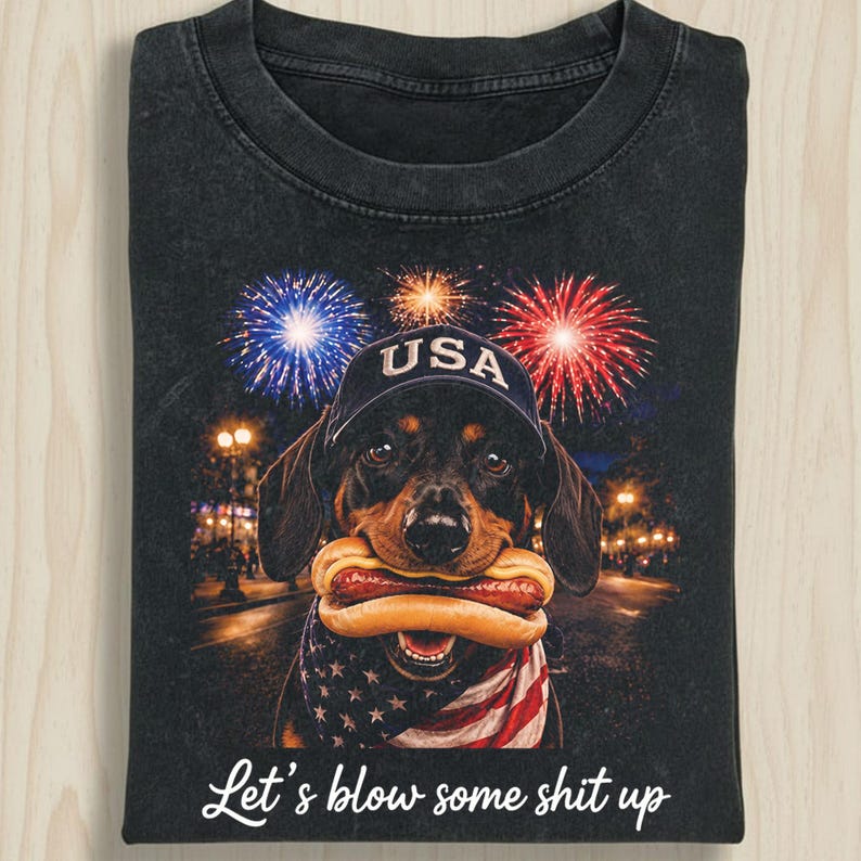 Vintage Patriotic Dog Fireworks Graphic T-shirt