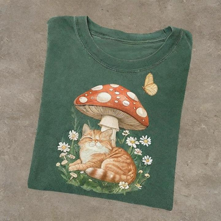 Cat Mushroom T-shirt - Vintage Washed Apparel by VanceMade
