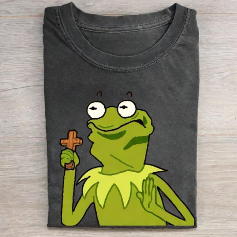 Frog Puppet with Cross Graphic T-Shirt - Vintage Washed Apparel by VanceMade