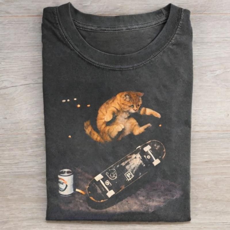 Retro Style Skateboarding Cat Graphic T-shirt - Vintage Washed Apparel by VanceMade