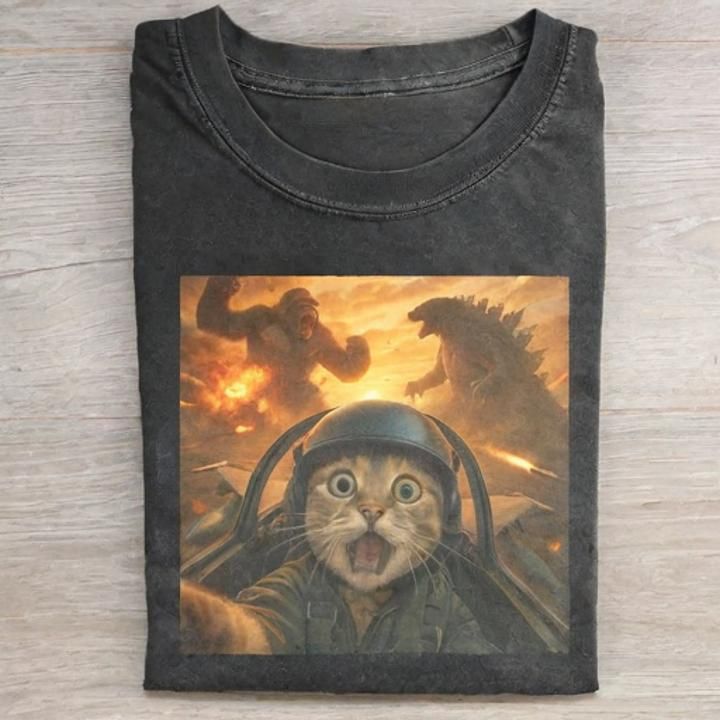 Godzilla vs Kong Cat Pilot Tee - Vintage Washed Apparel by VanceMade