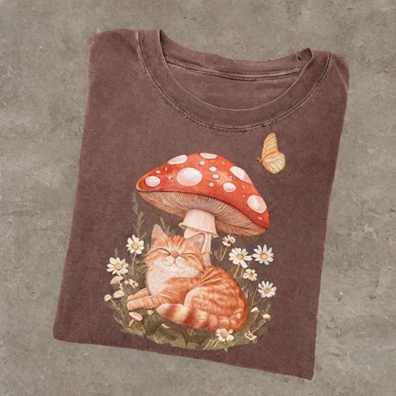 Cat Mushroom T-shirt - Vintage Washed Apparel by VanceMade