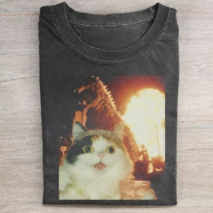 Funny Cat Godzilla Graphic Tee - Vintage Washed Apparel by VanceMade