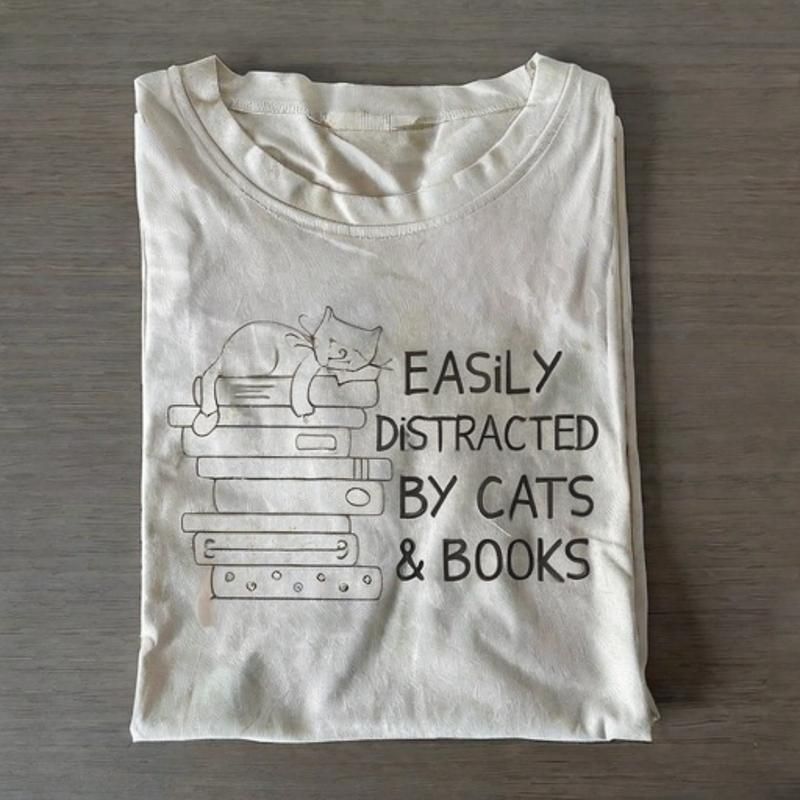 Easily Distracted By Cats And Books T-shirt - Vintage Washed Apparel by VanceMade