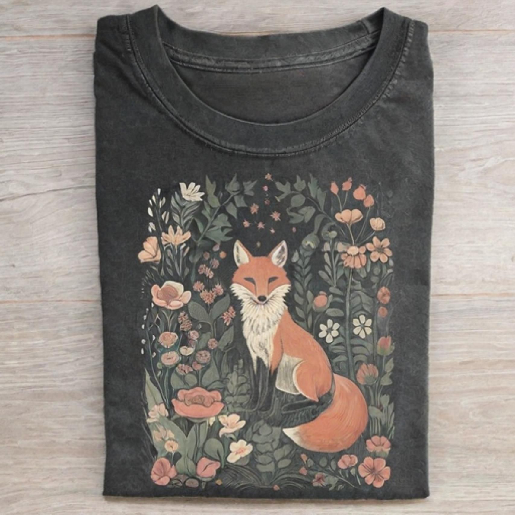 Cute Flower Fox T-shirt - Vintage Washed Apparel by VanceMade