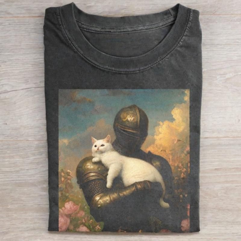 Retro Style Knight Holding Cat T-shirt - Vintage Washed Apparel by VanceMade