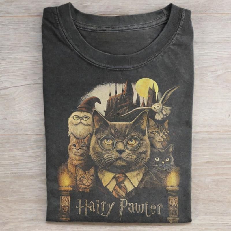Hairy Pawter Cat Wizard Fantasy T-shirt - Vintage Washed Apparel by VanceMade